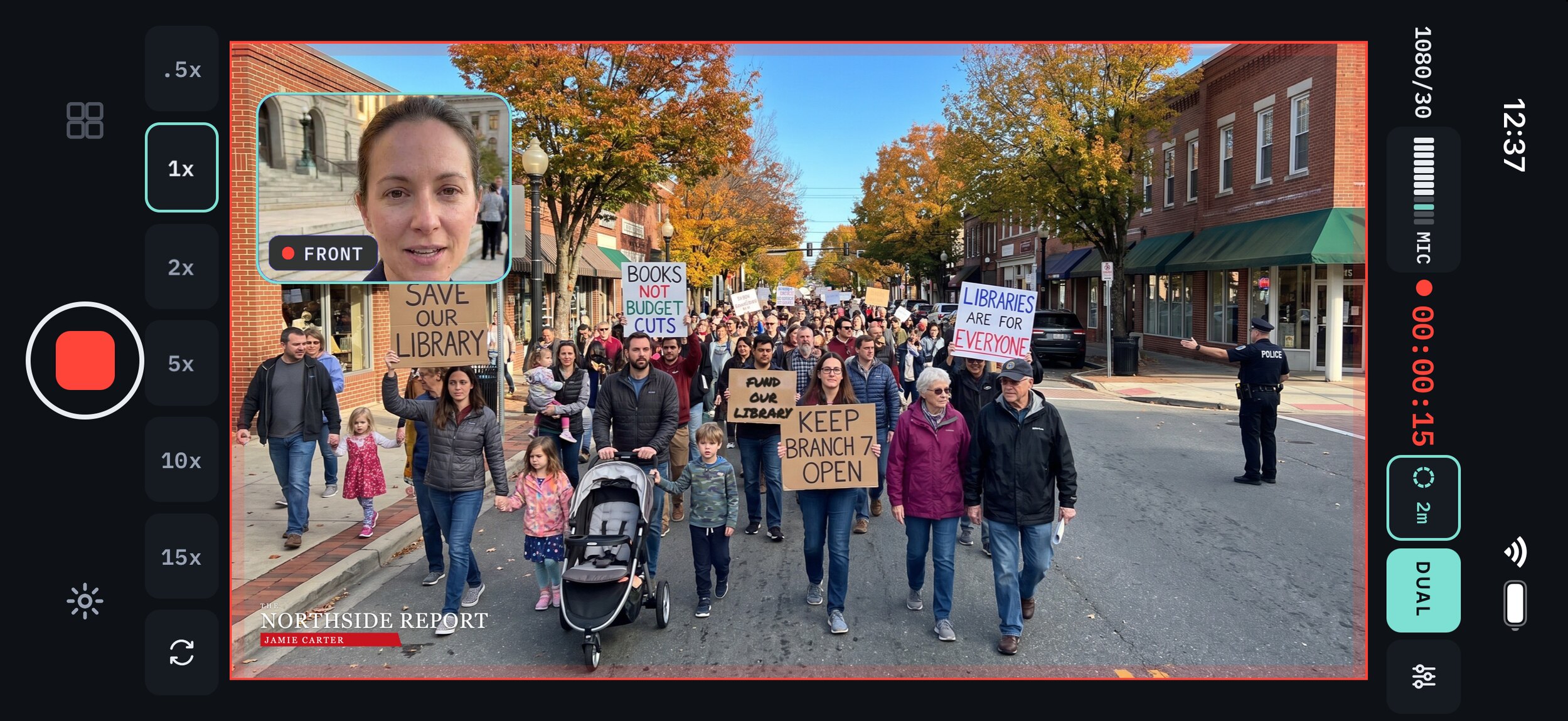 A landscape dual take of a library march, the reporter inset in the corner and the Northside Report logo on the frame