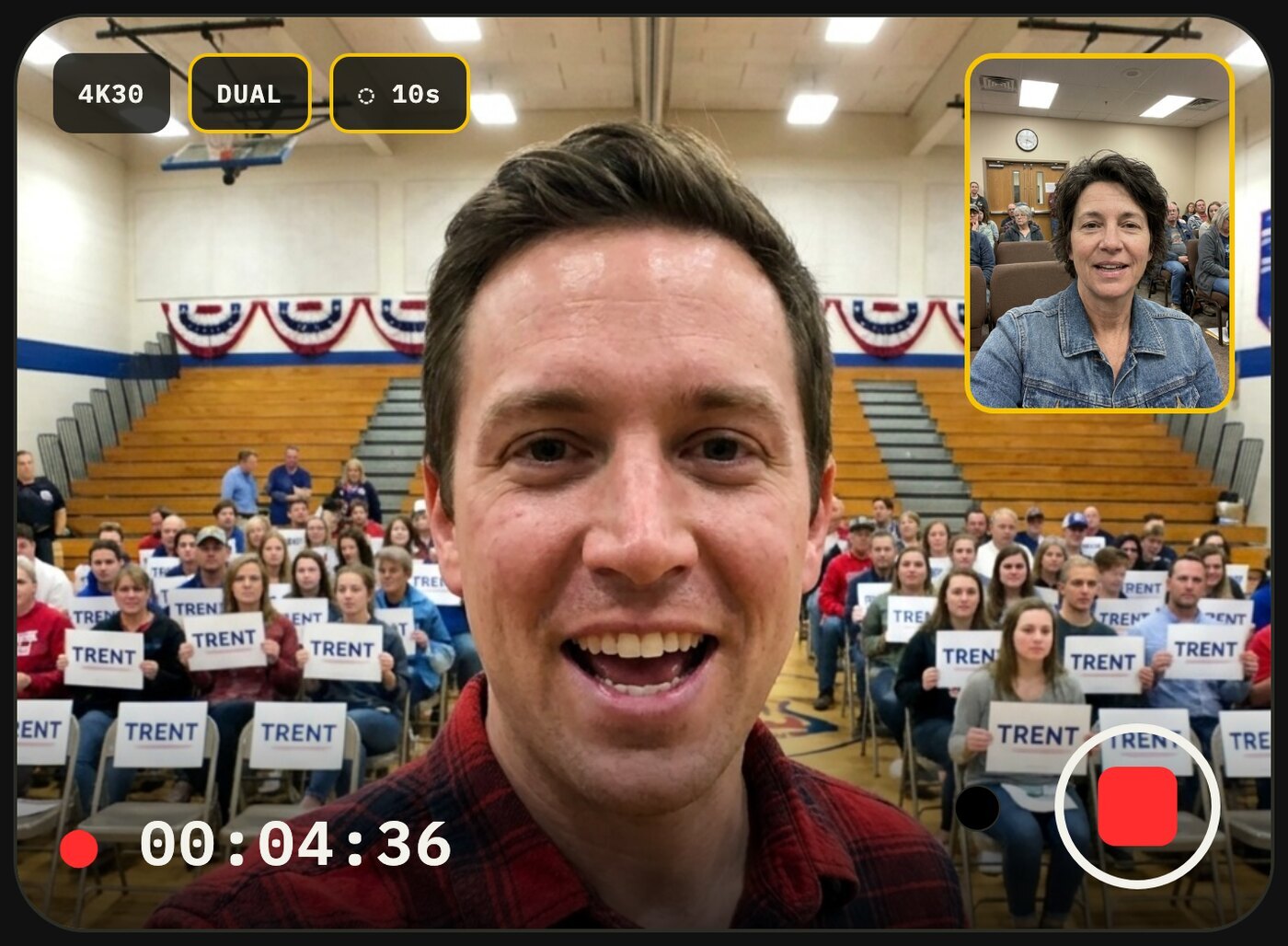 Sketch: what the interviewer sees on the Duo's outside screen in tent mode