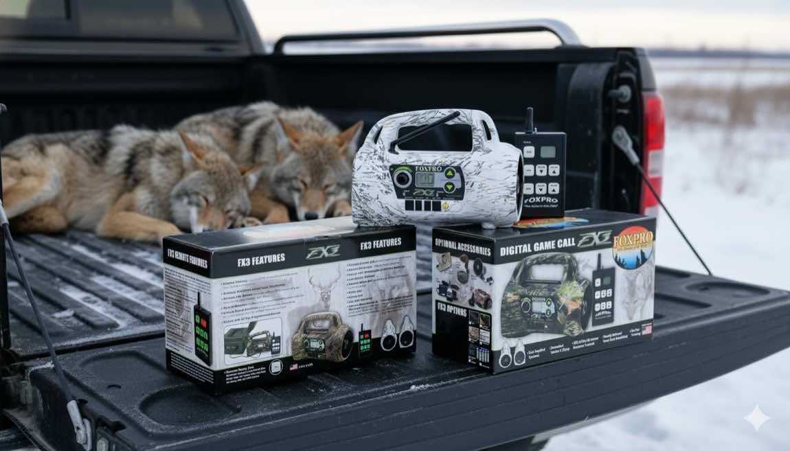 FOXPRO retail packaging on a truck tailgate in the field