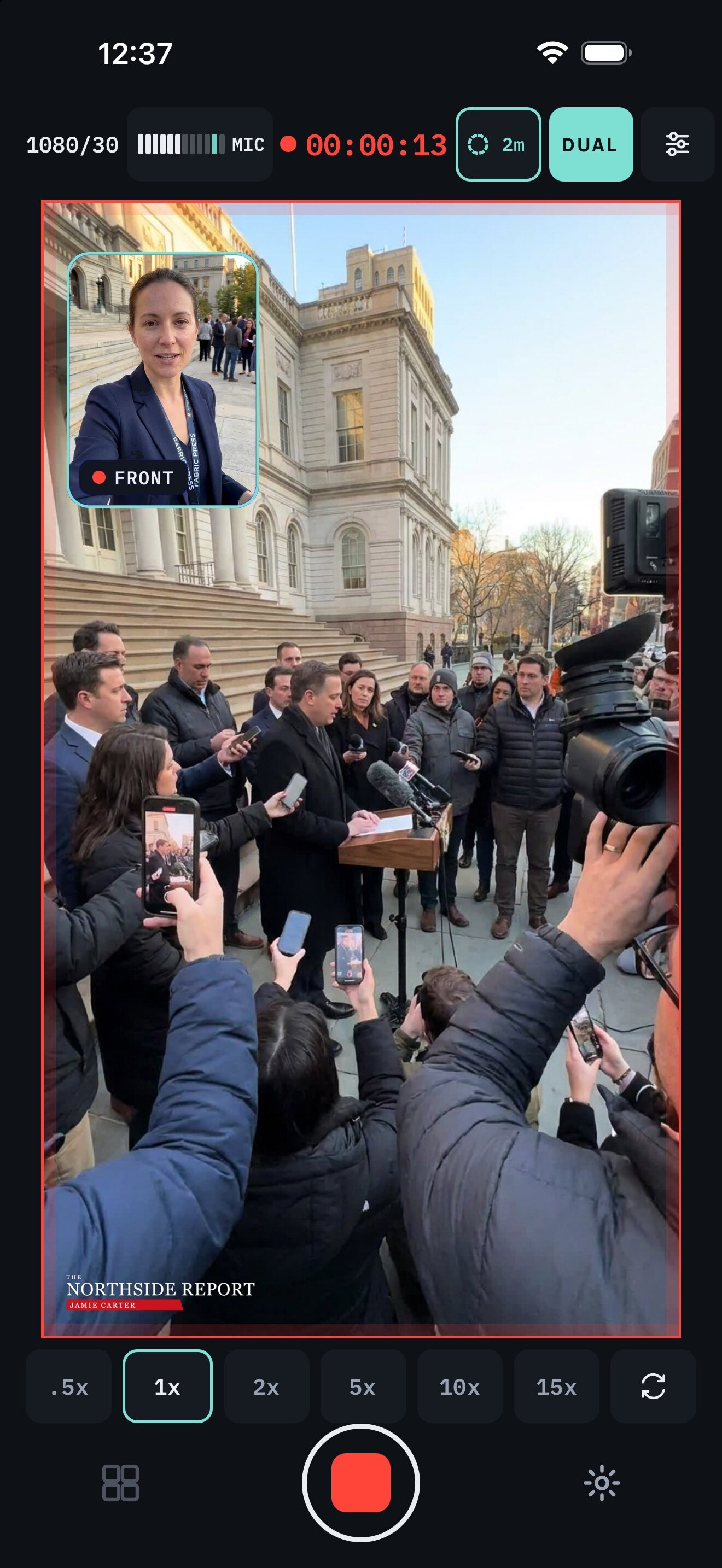 Doubleback recording a press conference with the reporter inset