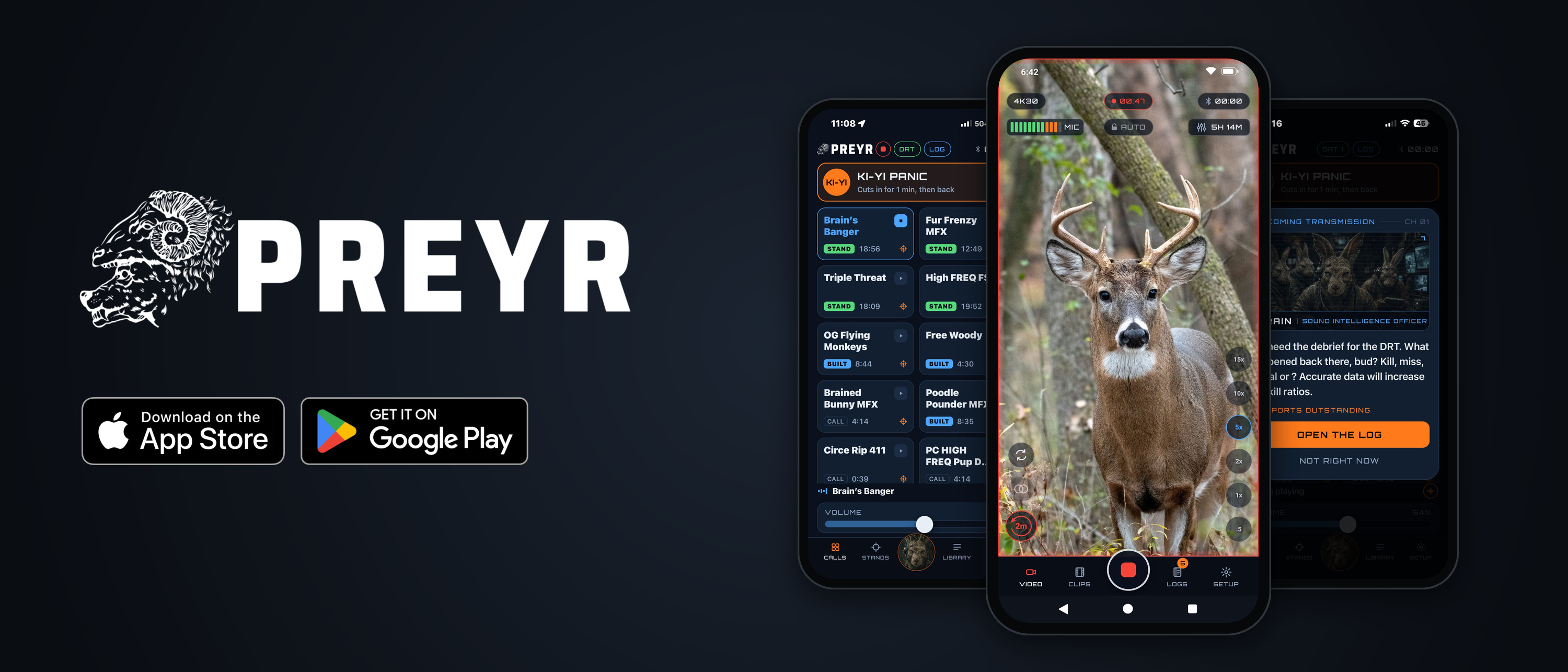 PREYR: the logo, the App Store and Google Play badges, and the app on three phones: the calls, the hunting camera, and BRAIN