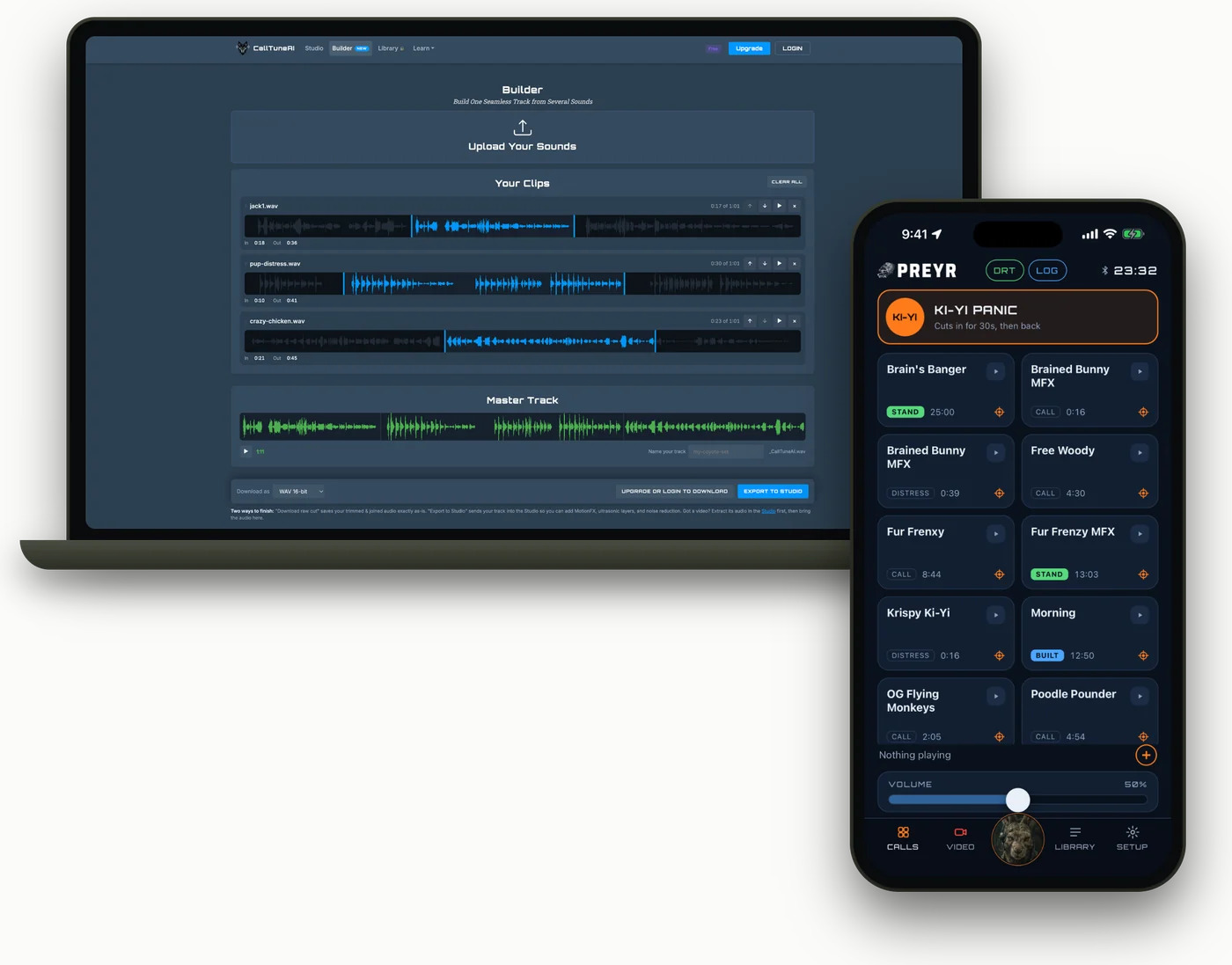The CallTuneAI Builder on a laptop beside PREYR on a phone