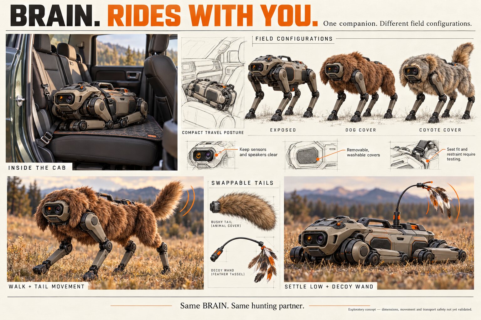 Concept sheet: Brain rides with you, the robot folded on the back seat of a truck, and field configurations with dog and coyote covers, swappable tails and a decoy wand