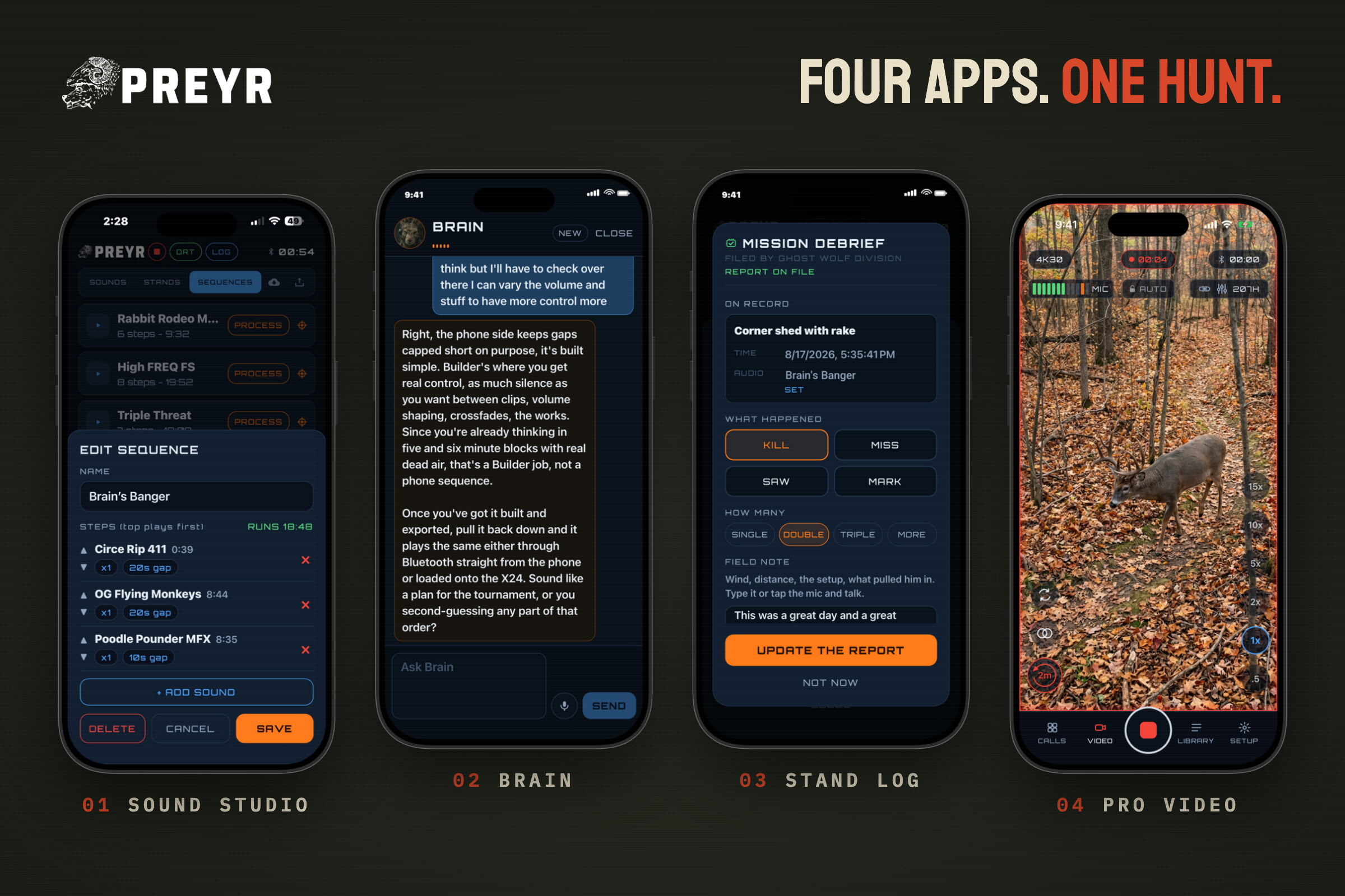 PREYR: the logo, the App Store and Google Play badges, and the app on three phones: the calls, the hunting camera, and BRAIN
