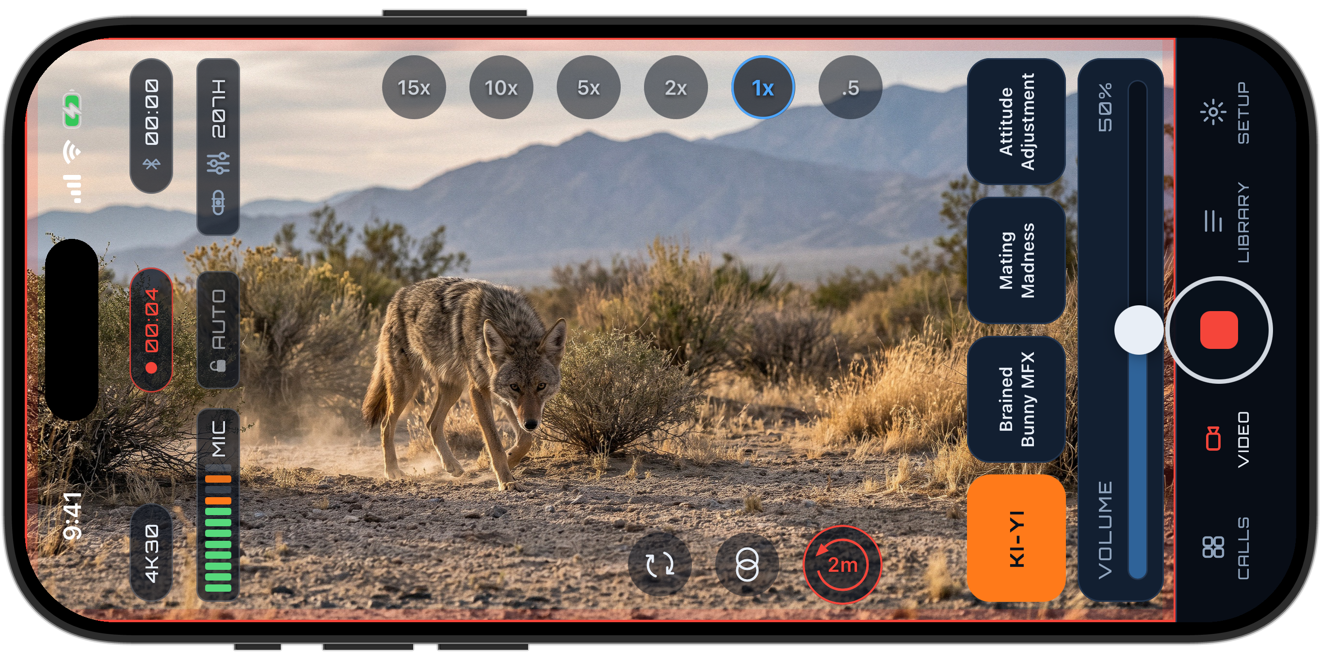 PREYR calling screen in an iPhone, filming a coyote in open country, with the call buttons, KI-YI, 2SHOT and the two-minute KILLSHOT pre-roll