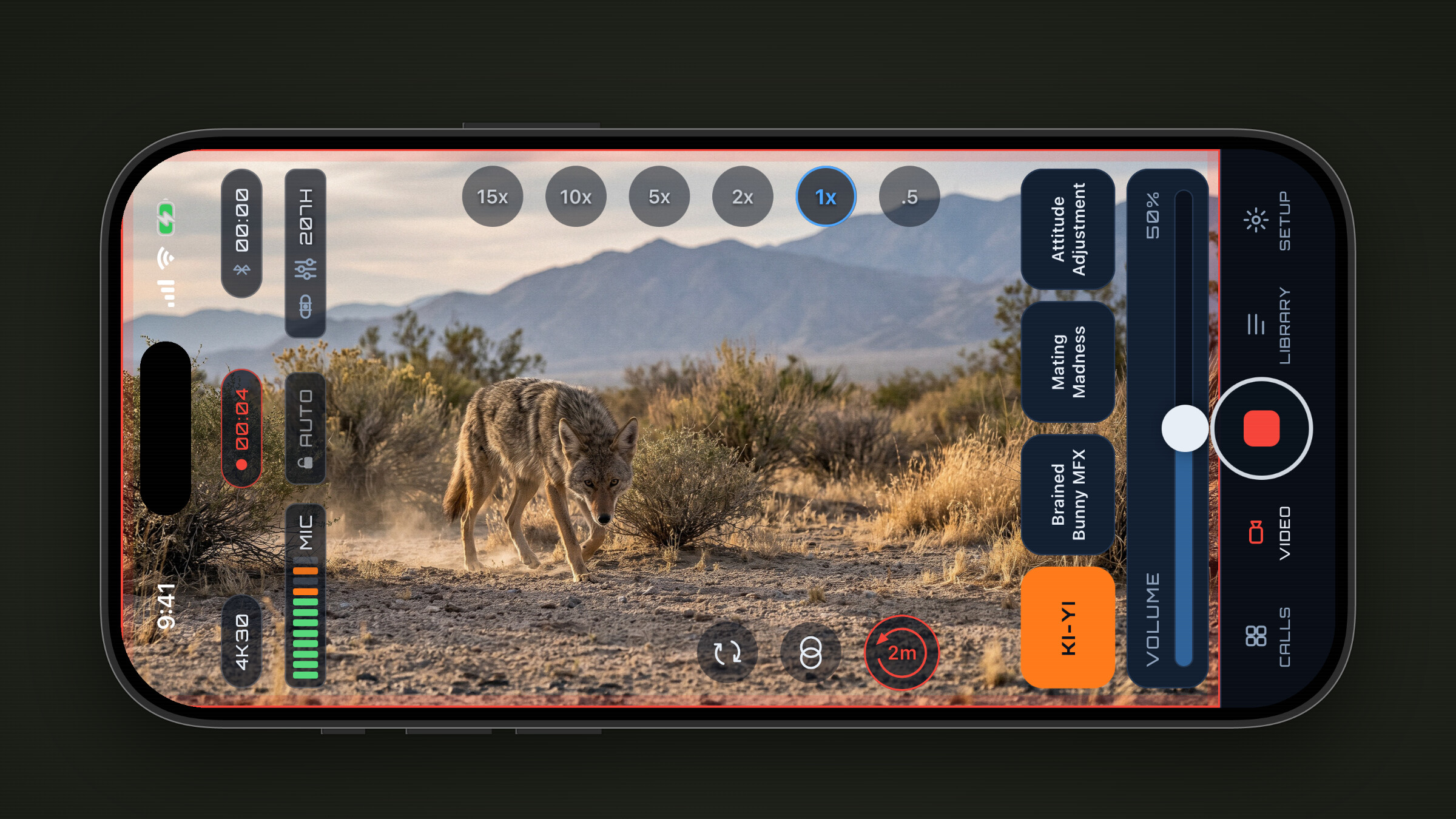 PREYR in an iPhone, filming a coyote while it plays a call
