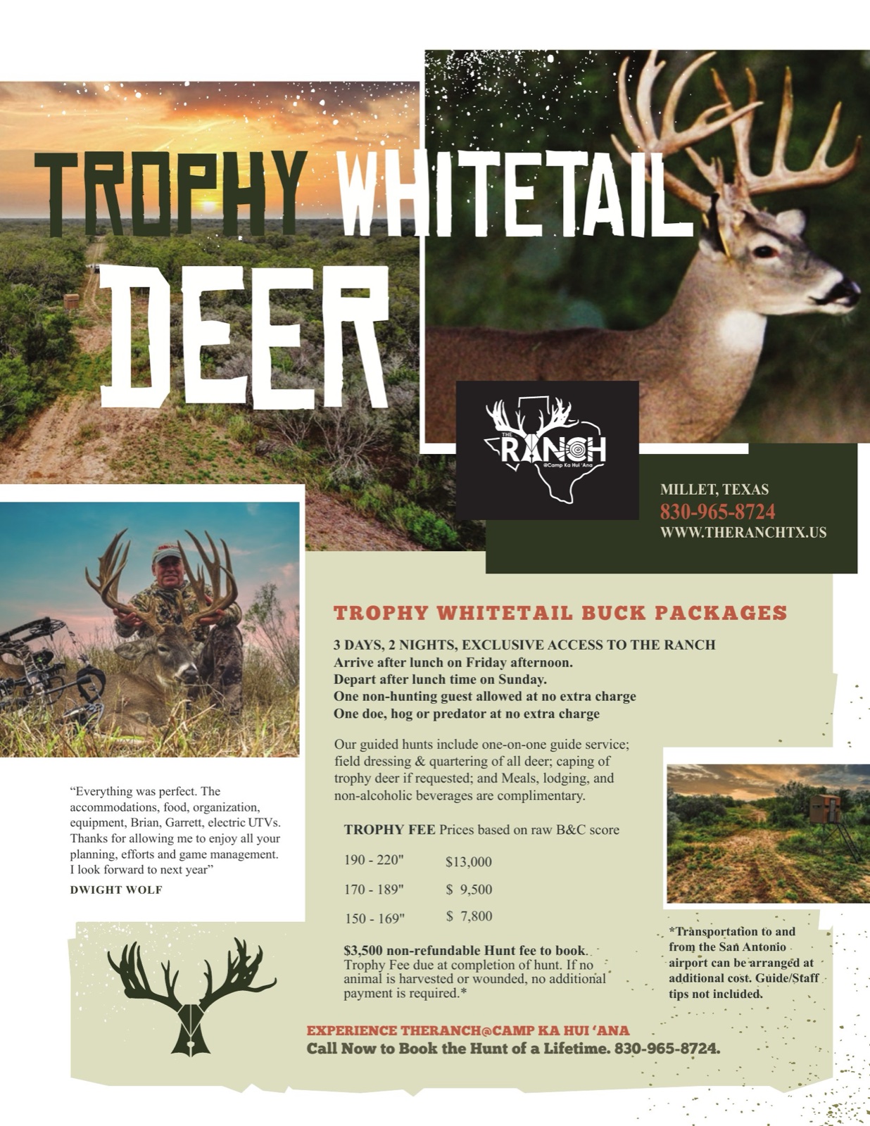 Trophy whitetail package sheet sent to The Ranch email list