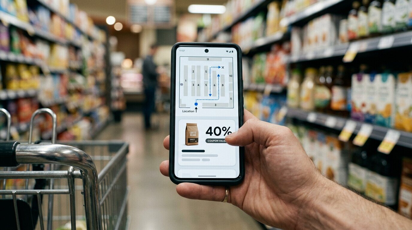 Concept: a coupon pushed to the shopper's phone in the aisle, with a store map to the item