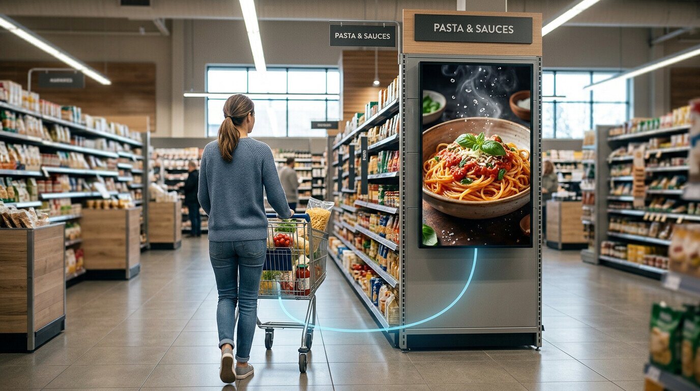 Concept: a smart cart in a grocery aisle, its screen showing the shopping list and the running total
