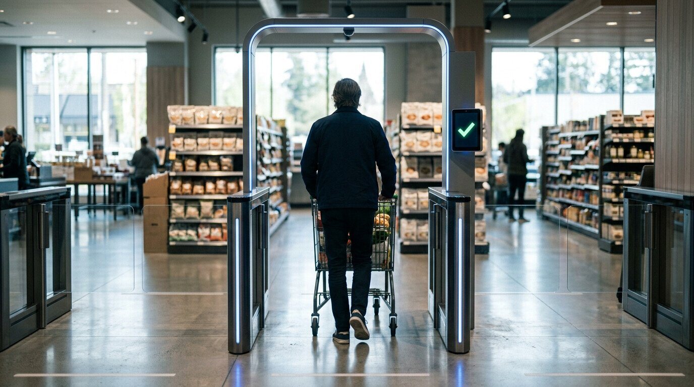 Concept: a shopper walks out through an automated checkout gate that has already totalled the cart