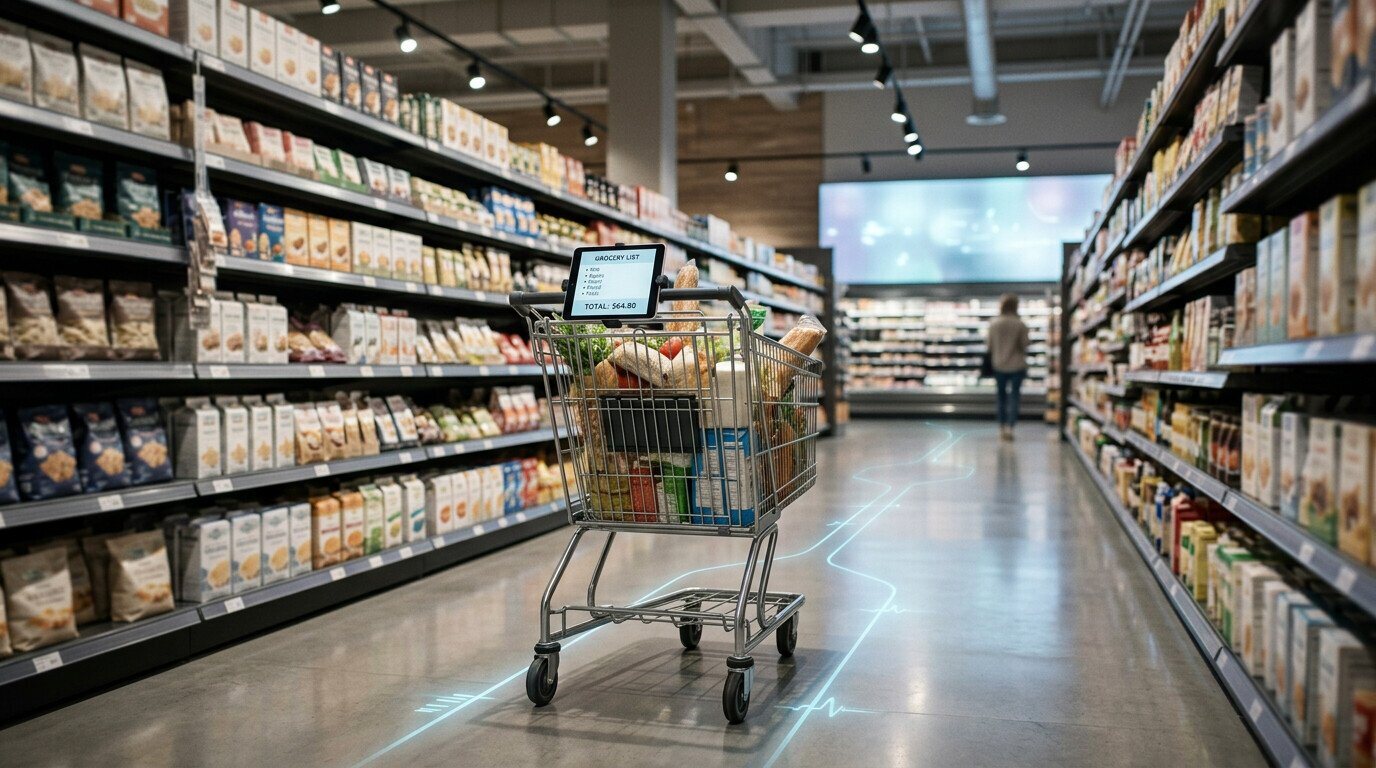 Concept: a smart cart in a grocery aisle, its screen showing the shopping list and the running total