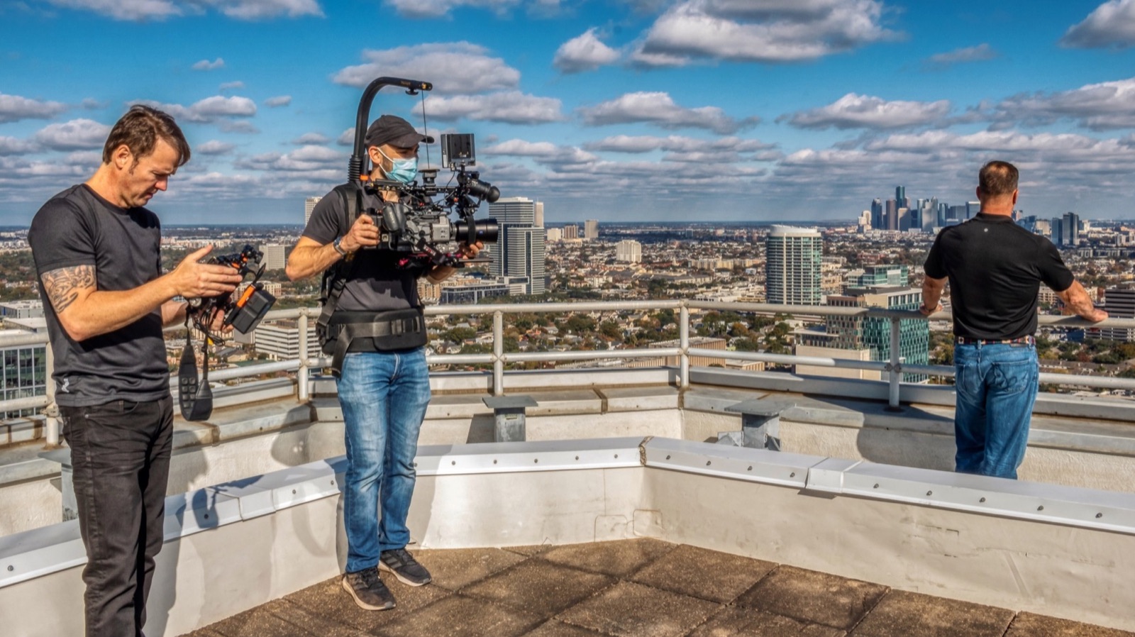 Crew filming on a Houston rooftop for the Rockspring film