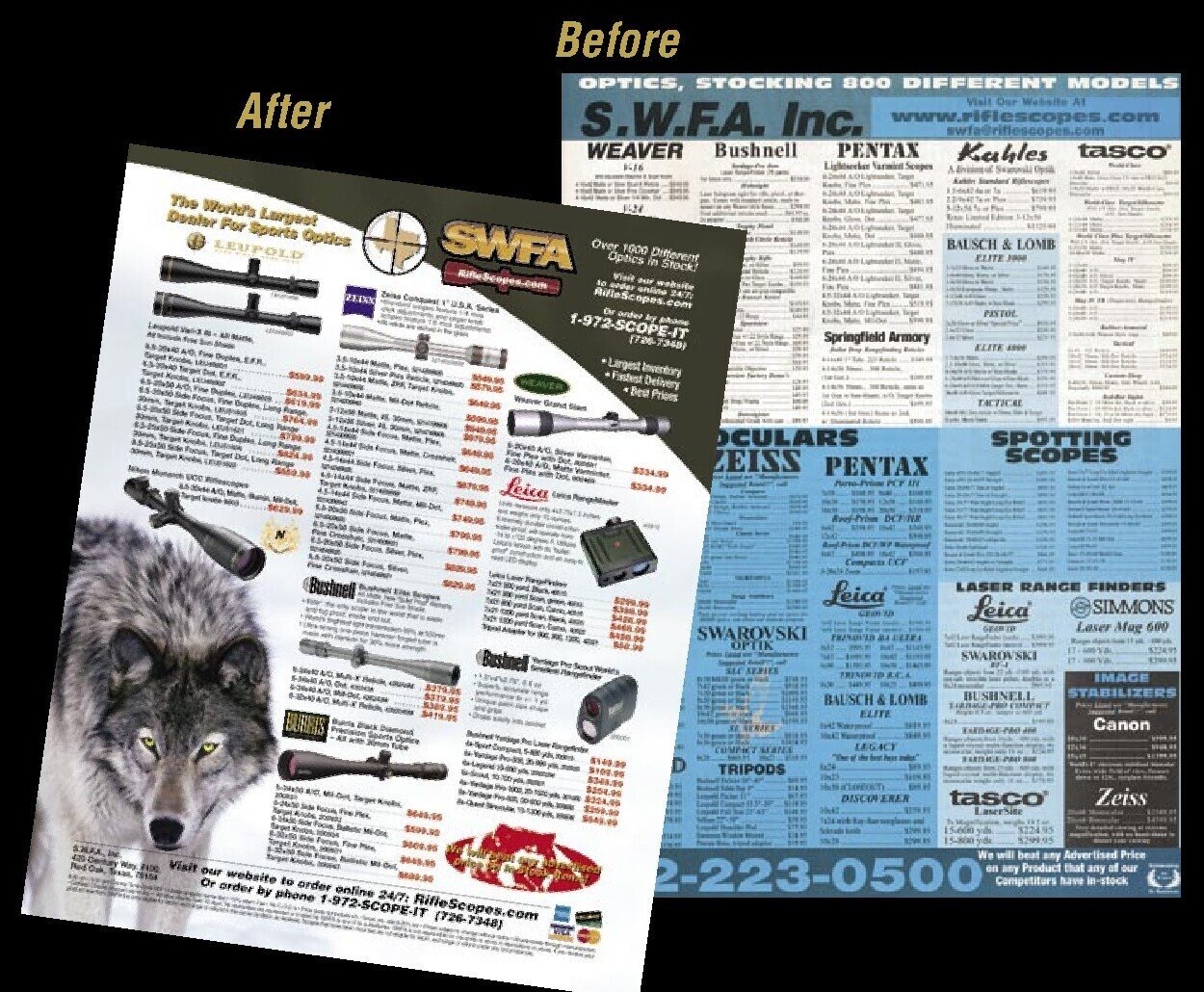 SWFA advertising before and after the rebrand