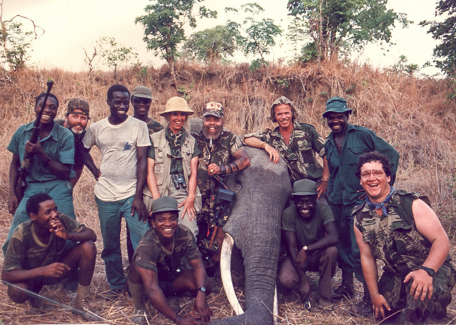 Tink Nathan with a hunting party and an elephant in 1981, from his archive