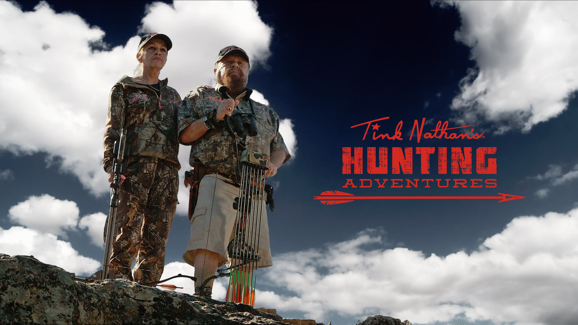 Tink Nathan and Carrie Jo Busch on a rock under a big sky, the key art for Tink Nathan's Hunting Adventures