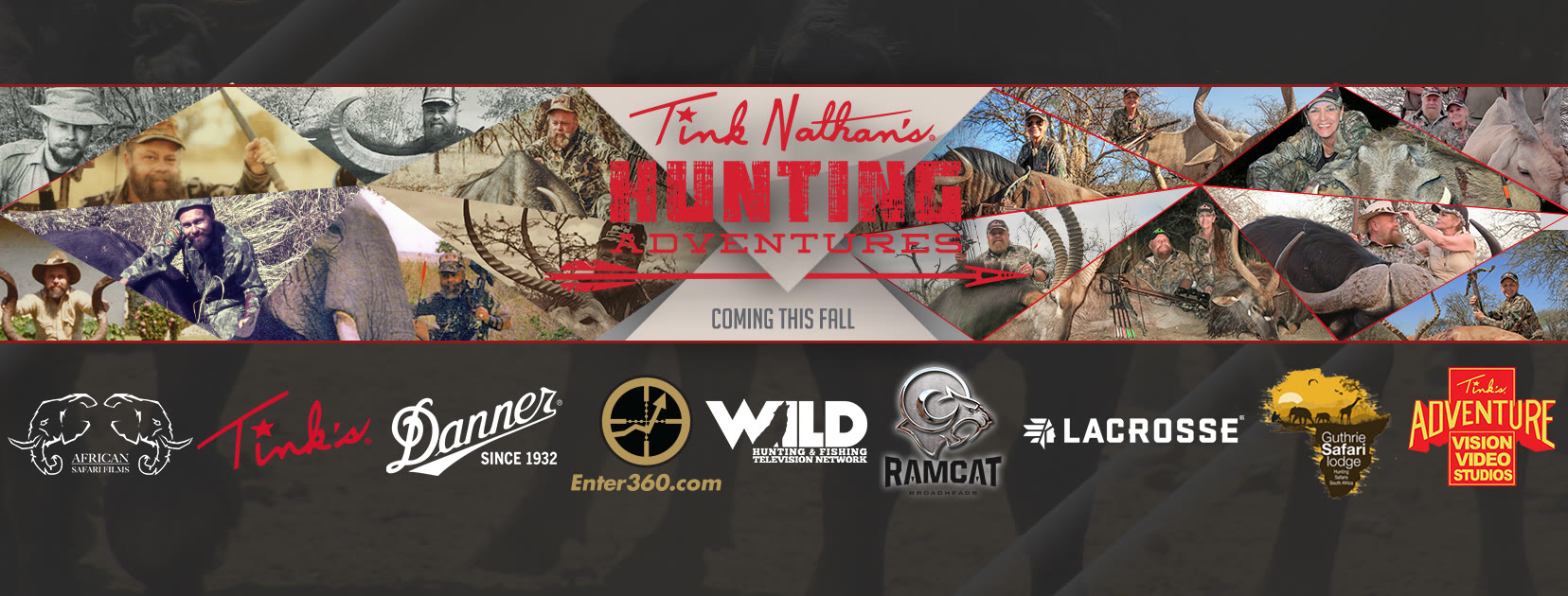 The launch banner for Tink Nathan's Hunting Adventures with its partner logos, Enter360 among them