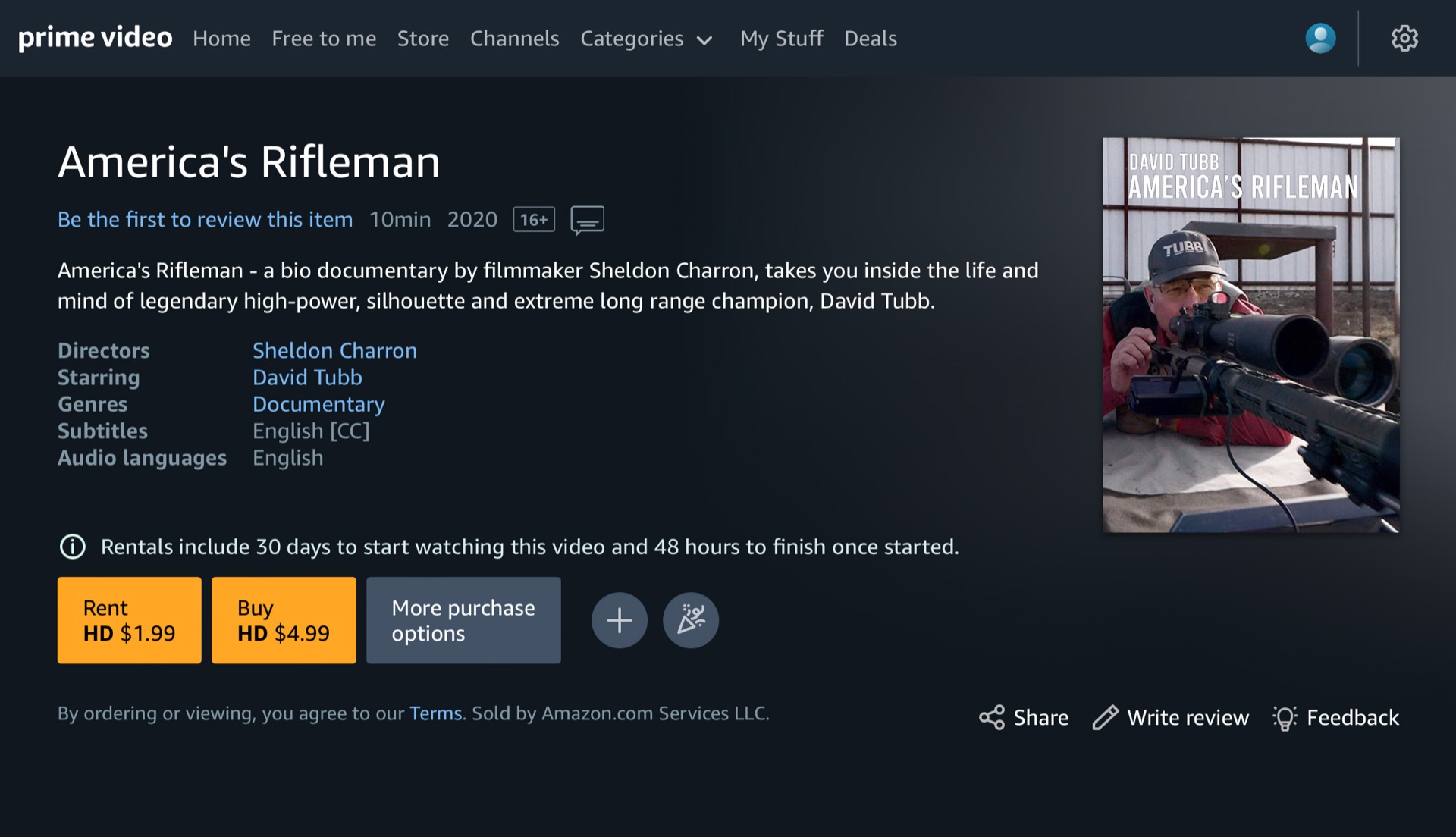 America's Rifleman on Amazon Prime Video, with Sheldon Charron credited as director